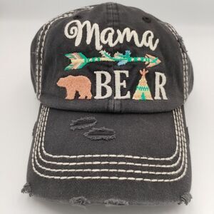 Mama Bear Embroidered Distressed Hat Cap Hook & Loop Women's Teepee Arrow